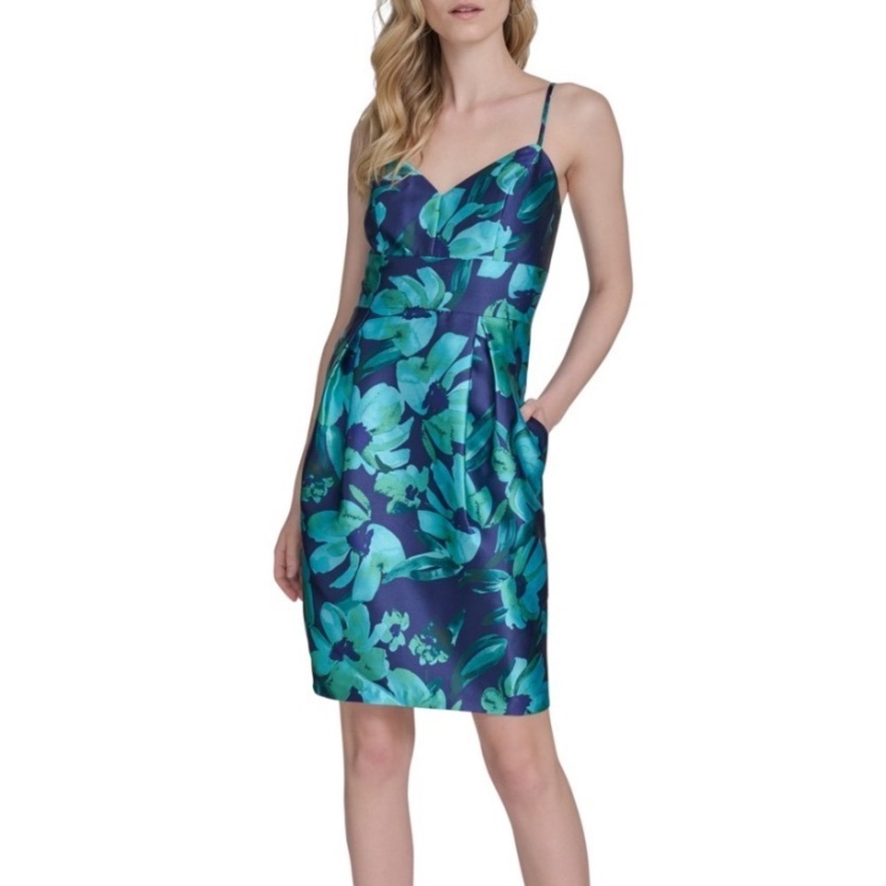 Eliza J Floral Cocktail Dress Women 12 NWT Blue Green Satin Pockets MSRP $158